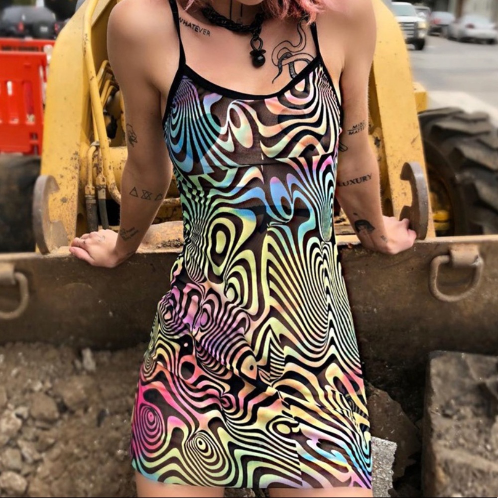 Trippy oil spill colorful mesh sheer dress